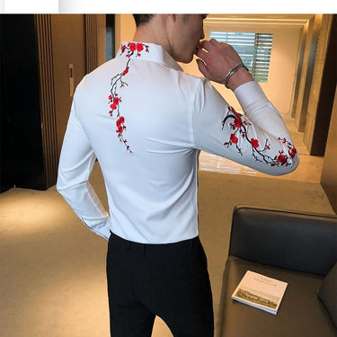 White Black Long Sleeve Casual Embroidery Slim Fit Shirts for Men - SolaceConnect.com