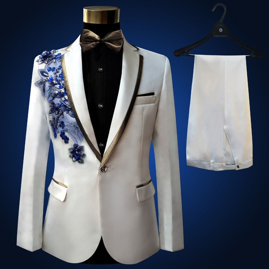 White Blue Tuxedo Jacket Pant Beads Stage Tuxedos Wedding Plus Size 4XL Groom Suit  -  GeraldBlack.com