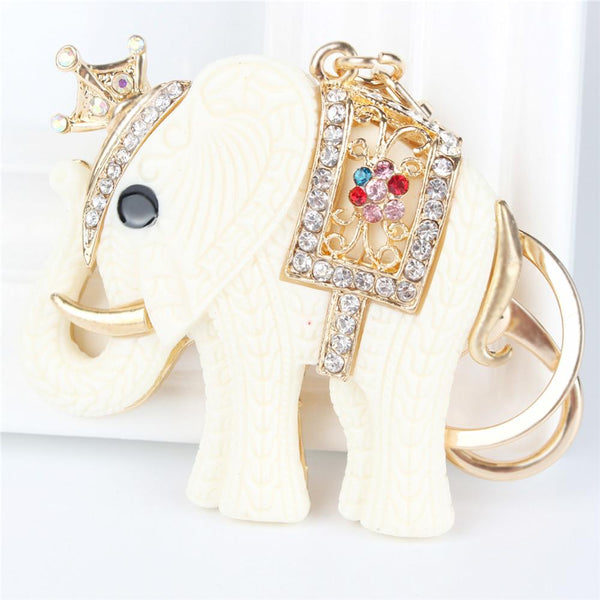 White Crown Elephant Rhinestone Crystal Pendant Charm Purse Key Ring Chain - SolaceConnect.com