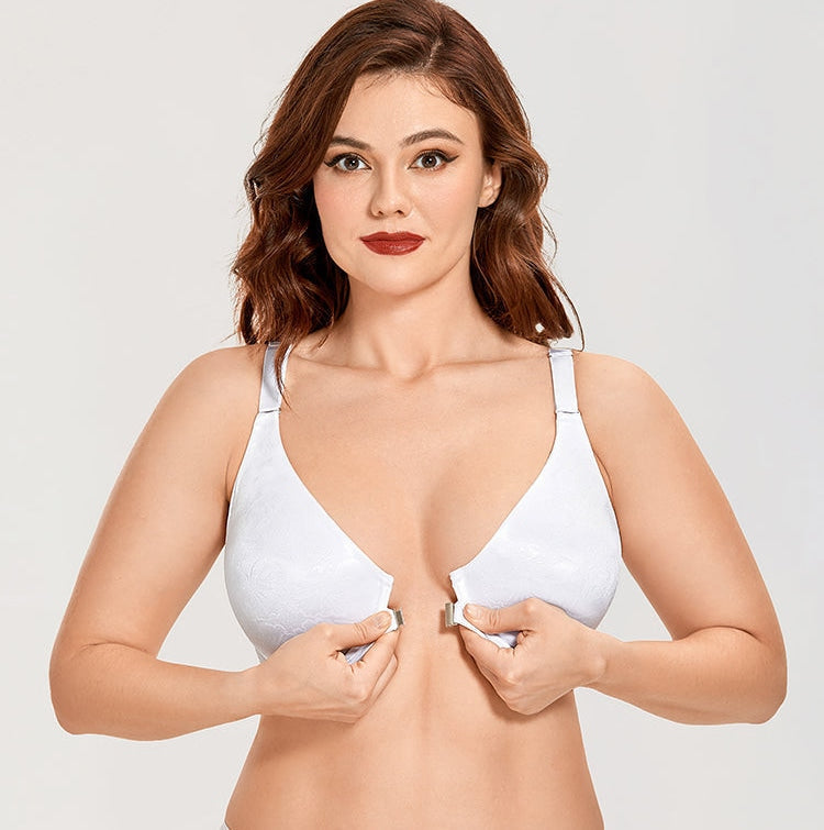 White Floral Front Closure Full Coverage Non-padded Bra for Women  -  GeraldBlack.com