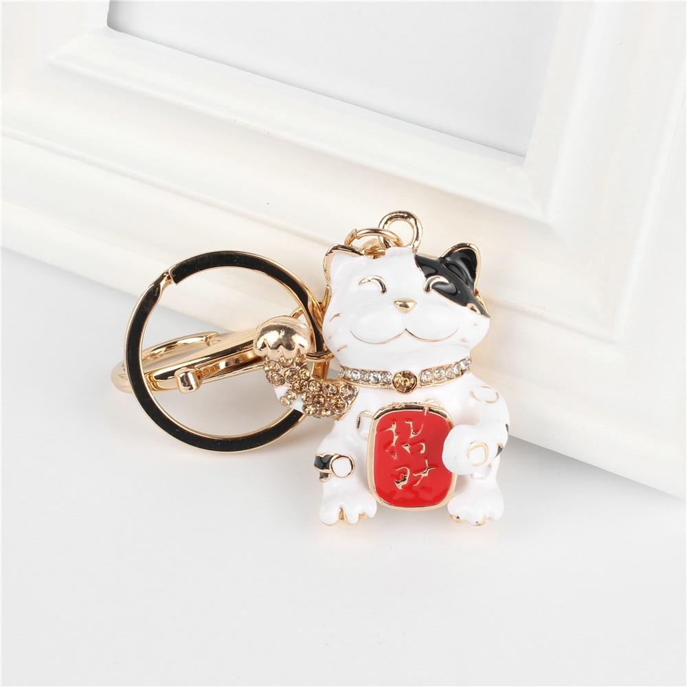 White Fortune Cat Rhinestone Crystal Pendant Charm Purse Bag Key Chain - SolaceConnect.com