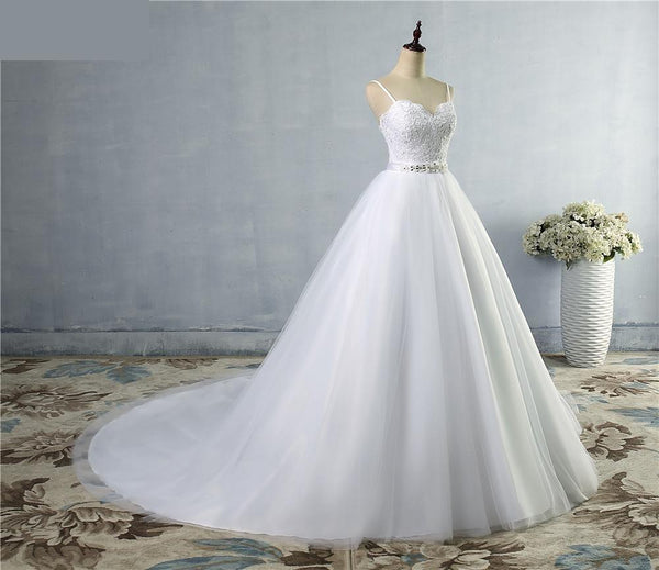 White Ivory Beads Crystal Sweetheart Wedding Dresses for Brides - SolaceConnect.com