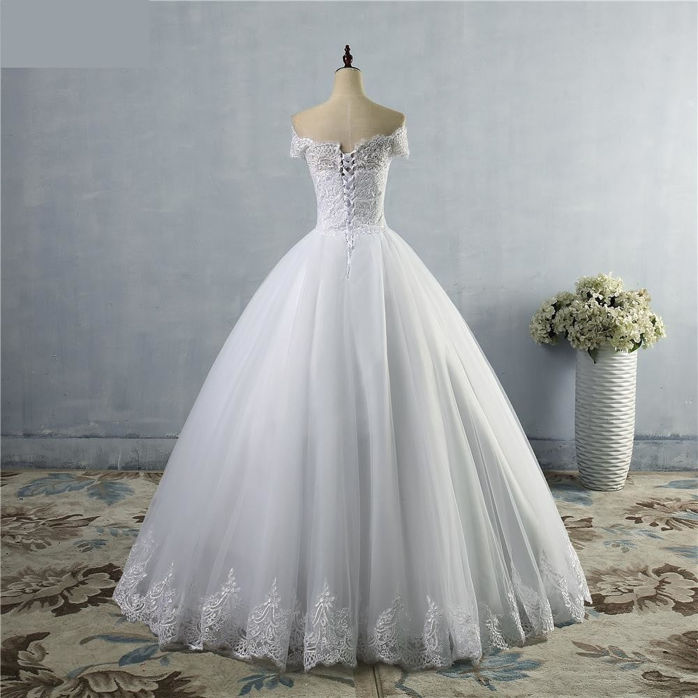White Ivory Lace Off Shoulder Wedding Dress Plus Size Maxi for Brides - SolaceConnect.com