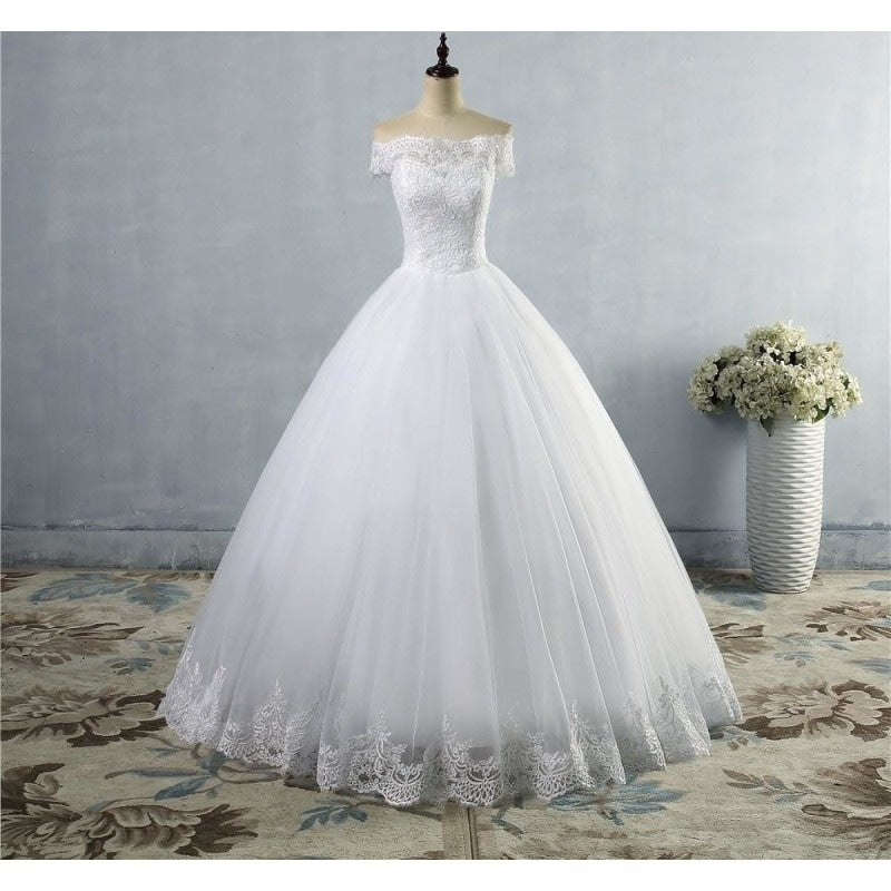 White Ivory Lace Off Shoulder Wedding Dress Plus Size Maxi for Brides  -  GeraldBlack.com