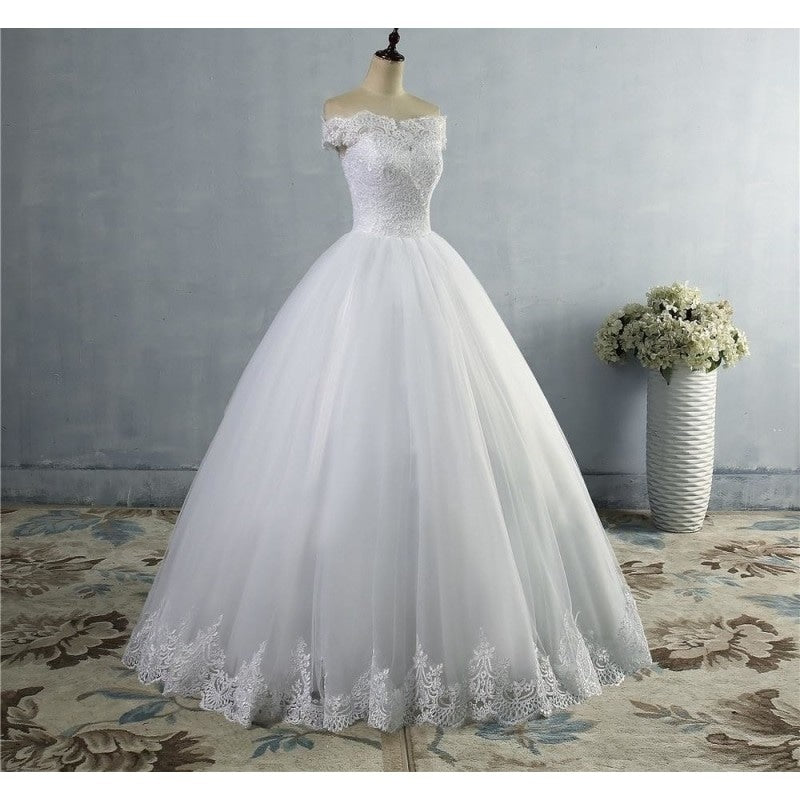 White Ivory Lace Off Shoulder Wedding Dress Plus Size Maxi for Brides  -  GeraldBlack.com