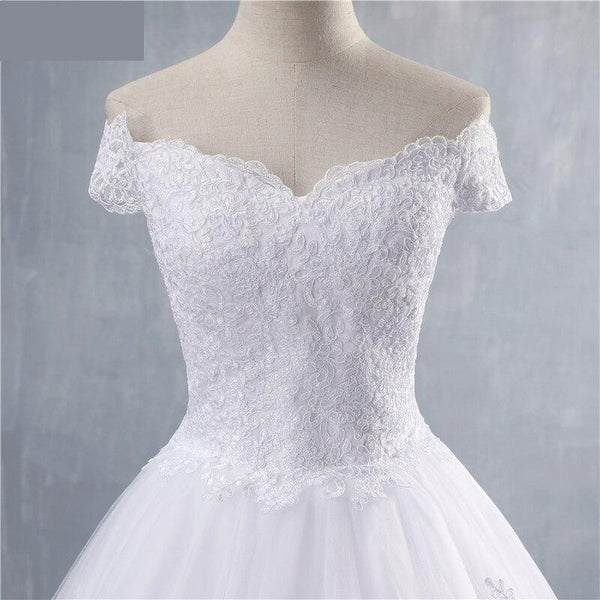 White Ivory Off the Shoulder Sweetheart Wedding Dresses with Bottom Lace - SolaceConnect.com
