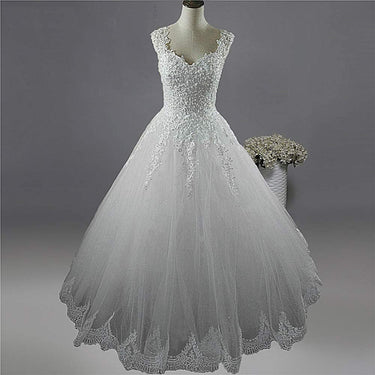 White Ivory Plus Size Wedding Dress for Brides with Pearls Lace Bottom  -  GeraldBlack.com