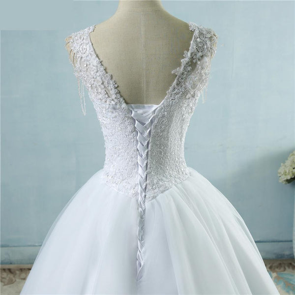White Ivory Princess Ball Gown Pretty Wedding Dress with Lace Pearls - SolaceConnect.com