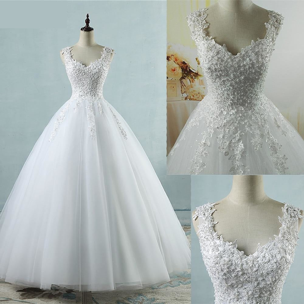White Ivory Tulle Pearl Spaghetti Strap Bridal Ball Gown Wedding Dress  -  GeraldBlack.com