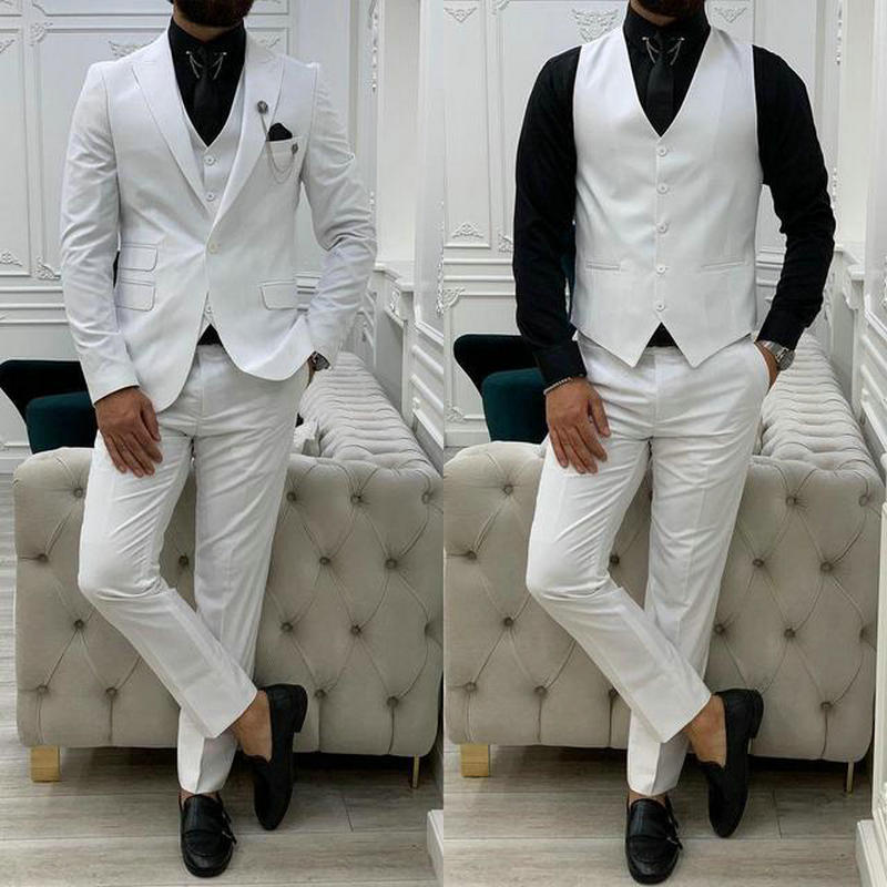 White Jacket Pant Vest Groom Wedding Tuxedos Terno Suits 3 Pieces Groomsmen Formal Business Suits  -  GeraldBlack.com