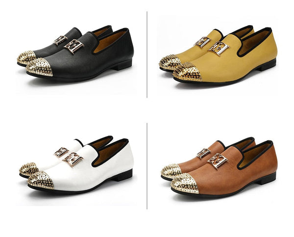 White Men Leather Big Size Fashion Design Bright Face Buckle and Gold Metal Toe Driving Loafers Shoes  -  GeraldBlack.com