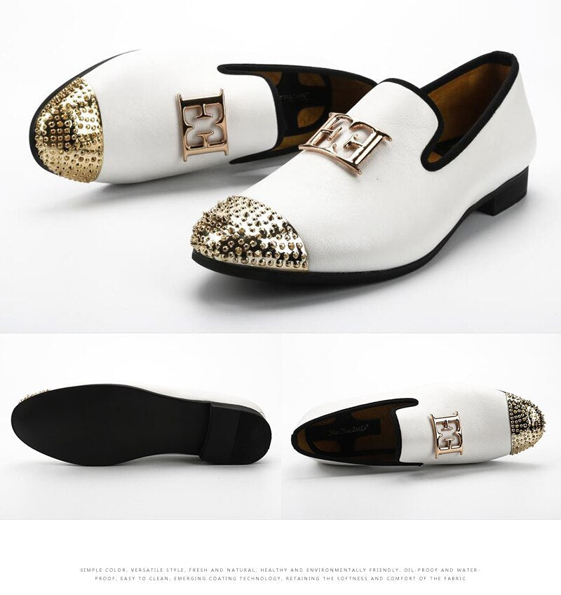 White Men Leather Big Size Fashion Design Bright Face Buckle and Gold Metal Toe Driving Loafers Shoes  -  GeraldBlack.com