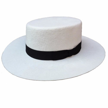 White Panama Flat Top Boater Porkpie Crown Fedora Wool Hat for Men Women  -  GeraldBlack.com