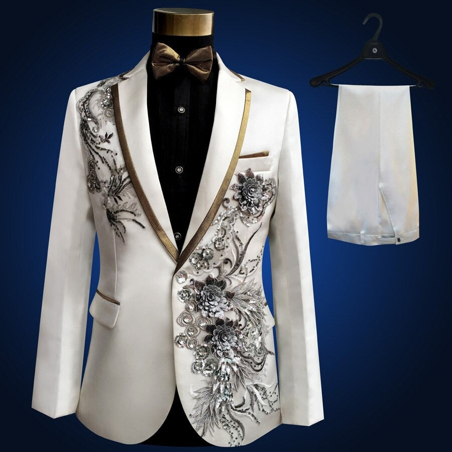 White Silver Tuxedo Jacket Pant Beads Mens Stage Wearmens Tuxedos Wedding Plus Size 4XL Groom Suit  -  GeraldBlack.com