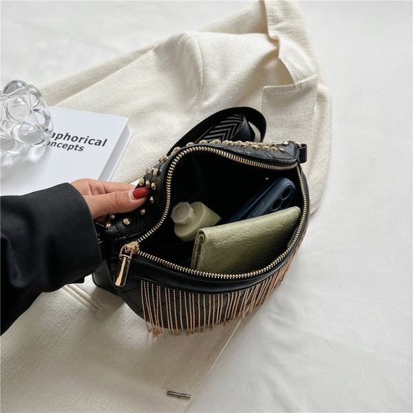 Wide Strap Tassel Rivet Chest Crossbody Bags For Women Fashion Designer Large Capacity Girl Waist Fanny Pack  -  GeraldBlack.com