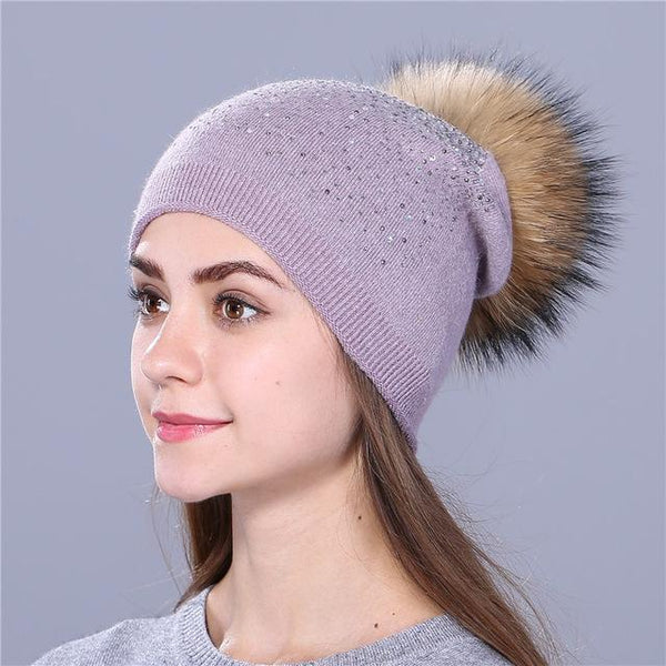 Winter Beanie Rabbit Fur Wool Knitted Hat with Shining Rhinestone for Women  -  GeraldBlack.com