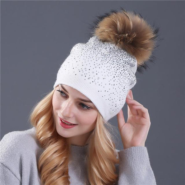 Winter Beanie Rabbit Fur Wool Knitted Hat with Shining Rhinestone for Women - SolaceConnect.com