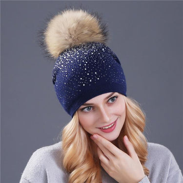 Winter Beanie Rabbit Fur Wool Knitted Hat with Shining Rhinestone for Women - SolaceConnect.com