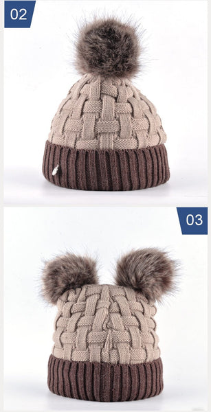 Winter Double Pompom Knitted Imitation Fur Beanie Hat Skullies for Women - SolaceConnect.com