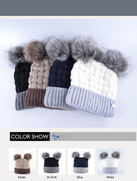 Winter Double Pompom Knitted Imitation Fur Beanie Hat Skullies for Women - SolaceConnect.com