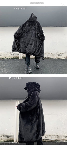 Winter Fashion Loose Long Hooded Imitation Rabbit Hair Fur Coat for Men - SolaceConnect.com