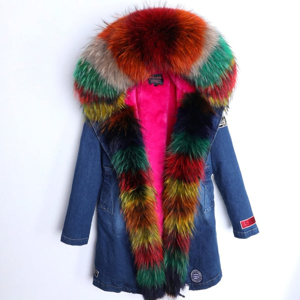 Winter Fashion Real Fox Fur Hooded Denim Coat Jackets for Women  -  GeraldBlack.com