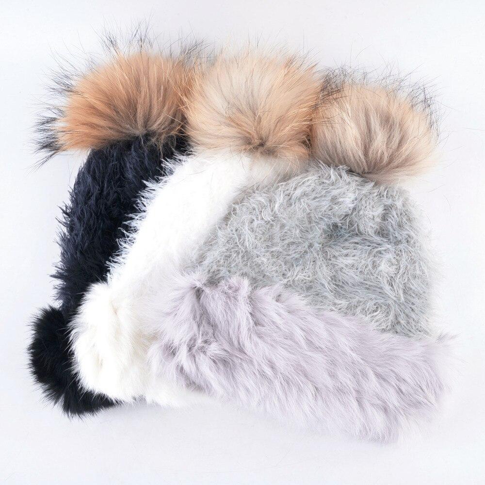Winter Fashion Real Rabbit Fur and Pompom Fur Knitted Beanies for Women  -  GeraldBlack.com