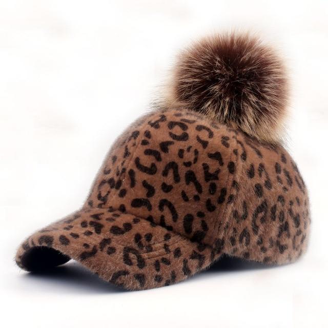 Winter Faux Fur Pompom Leopard Snapback Baseball Cap for Women - SolaceConnect.com