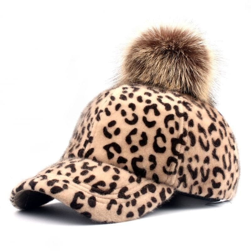 Winter Faux Fur Pompom Leopard Snapback Baseball Cap for Women  -  GeraldBlack.com