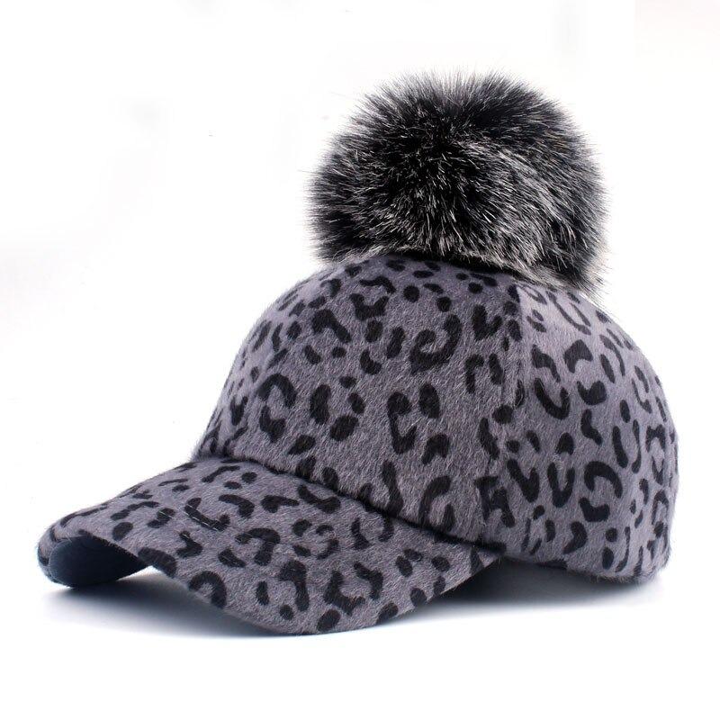 Winter Faux Fur Pompom Leopard Snapback Baseball Cap for Women  -  GeraldBlack.com