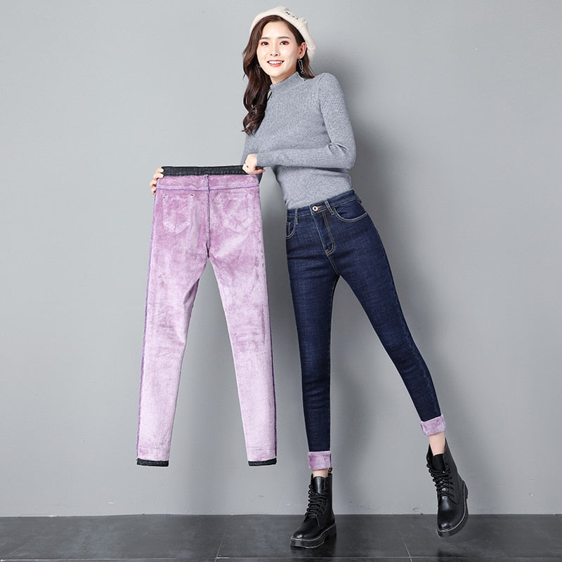 Winter Female Thick purple Velvet Skinny Jeans High waist Stretch Fleece Warm Denim Pencil Pants mom jeans  -  GeraldBlack.com