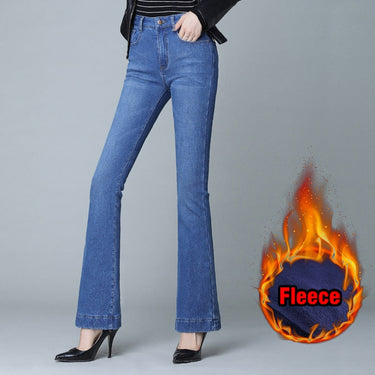 Winter Fleece Flared Pants Jeans Women Fashion High Waist Stretch Slim TWide Legs Hick Velvet Denim Trousers  -  GeraldBlack.com