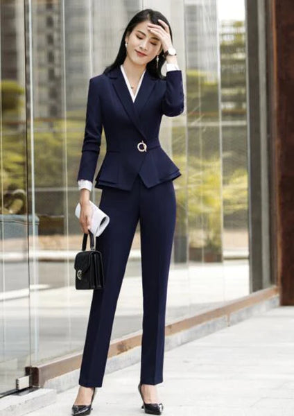 Winter Formal Long Sleeve Slim Blazer and Trousers Suit for Office Ladies - SolaceConnect.com