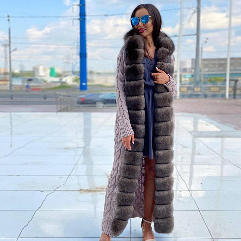 Winter Fox Fur Hooded Knitted Long Sleeve Cardigan Sweater for Women  -  GeraldBlack.com