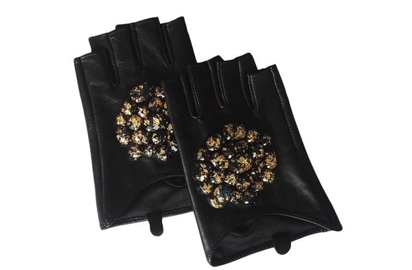 Winter Genuine Leather Gloves Women Fashion Black Stone Driving Fingerless Gloves Ladies Goatskin  -  GeraldBlack.com