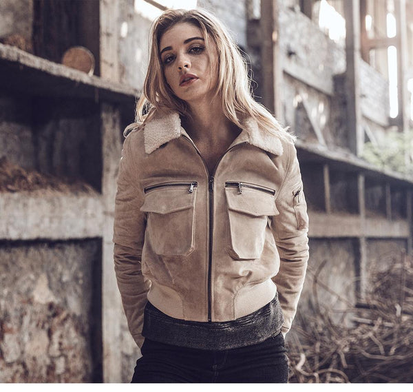 Winter Genuine Leather Jacket with Faux Fur Collar for Women - SolaceConnect.com