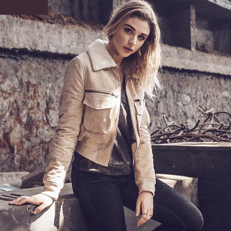 Winter Genuine Leather Jacket with Faux Fur Collar for Women  -  GeraldBlack.com