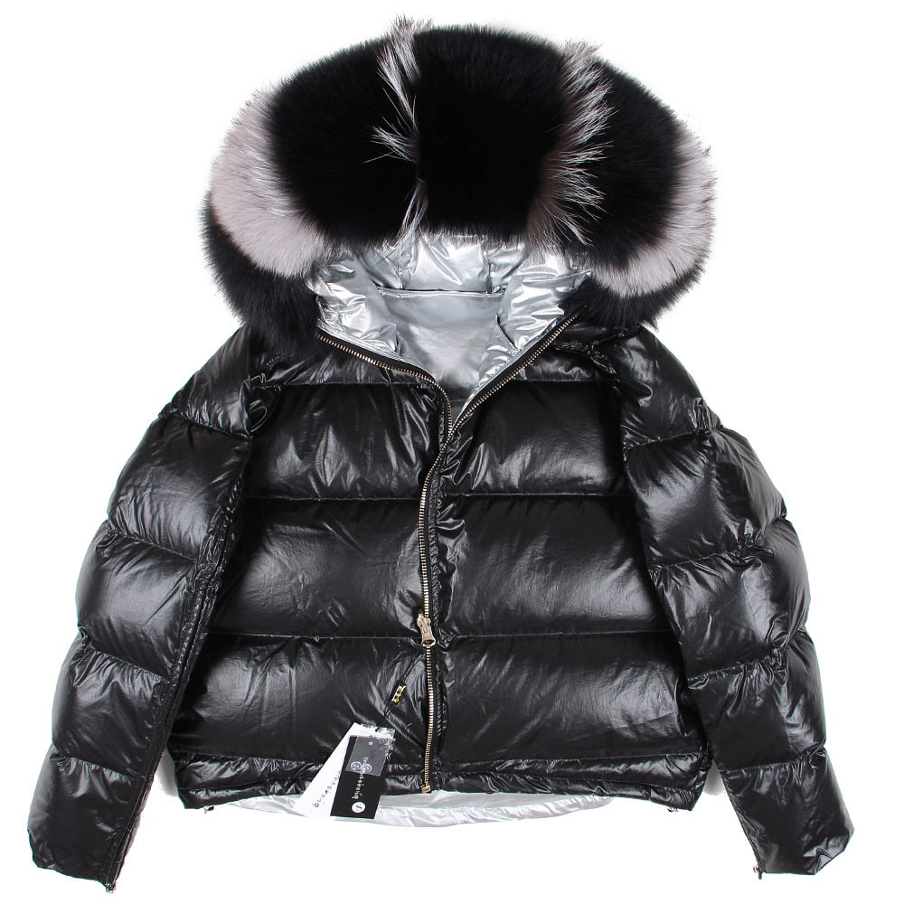 Winter Jacket Women Down Natural Fox Fur Collar Coat Loose Short White Duck Down Real Fur Coat  -  GeraldBlack.com