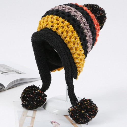 Winter Knitted Hats Women Patchwork Pompon Balls Earflap Caps Ladies Warm Thick Beanie Hat  -  GeraldBlack.com