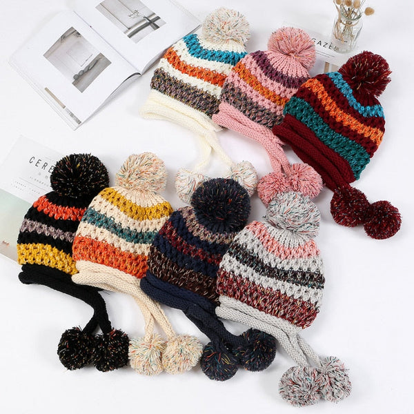 Winter Knitted Hats Women Patchwork Pompon Balls Earflap Caps Ladies Warm Thick Beanie Hat  -  GeraldBlack.com