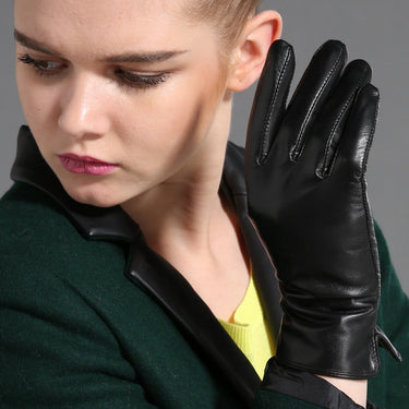 Winter Leather Gloves Women Black Genuine Goatskin Gloves Fashion Fleece Lining Warm Soft Driving  -  GeraldBlack.com