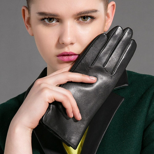 Winter Leather Gloves Women Black Genuine Goatskin Gloves Fashion Fleece Lining Warm Soft Driving  -  GeraldBlack.com