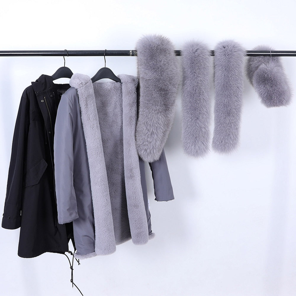 Winter Long Hooded Big Removable Real Fox Fur Collar Jacket for Women  -  GeraldBlack.com