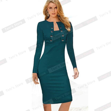 Winter Long Sleeve Office Business Dress with Buttons for Plus Size Women - SolaceConnect.com