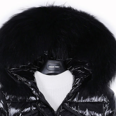 Winter long white duck down lining real raccoon fur collar warm black shiny streetwear jacket ladies  -  GeraldBlack.com
