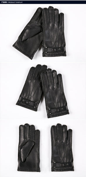 Winter Men Genuine Leather Gloves Deerskin Mittens Black Plus Velvet Warm Fashion Casual Driving  -  GeraldBlack.com