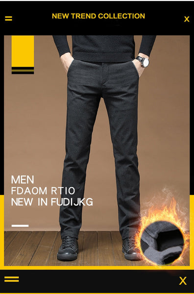 Winter Men's Fleece Casual Pants Thick Fashion Straight Slim Warm Casual Business office Korean Fashion Trousers  -  GeraldBlack.com