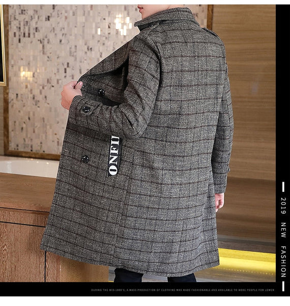Winter Men's Woollen Double-Breasted Plaid Long Windbreaker Jacket - SolaceConnect.com
