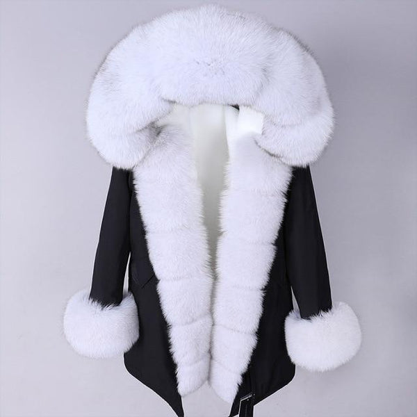 HD1-16 Fashion Natural Real Fox fur collar black Jacket women's parka with fur Winter warm Coat Big Fur Outerwear - SolaceConnect.com