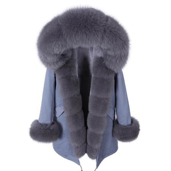 HD1-6 Fashion Natural Real Fox fur collar black Jacket women's parka with fur Winter warm Coat Big Fur Outerwear - SolaceConnect.com